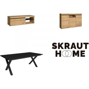 Skraut Home - Ensemble de meubles de salon | Table 200 Noire pieds X 10 convives | Meuble TV 120 | Buffet 140 | Chêne et Noir