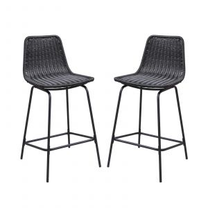 Lot de 2 tabourets d'ilot 65 cm en métal et rotin synthétique bali Noir - Noir