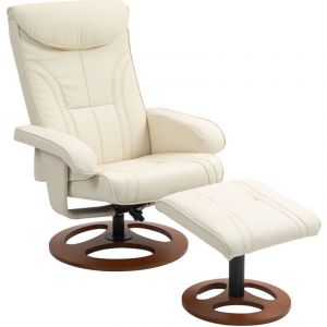 Ensemble fauteuil repose-pieds design Chesterfield - inclinable - bois verni synthétique surpiqûres crème