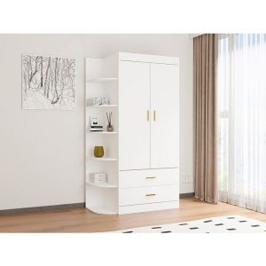 Armoire 2 portes 2 tiroirs et 6 étagères - L100 cm - Blanc et doré - GRIMORI