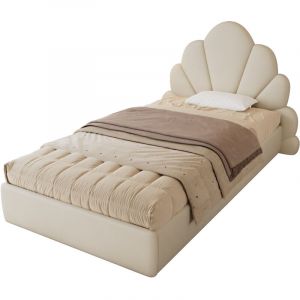 Lit simple, Lit rembourré, Tête de lit pétale incurvée, Élégant et confortable, Cadre de lit moderne, Velours, Beige 90x200cm