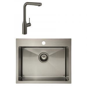 Swiss Aqua Technologies /Grohe-Set Timeless Évier de cuisine encastrable inox 304,55x45x21cm + Essence Mitigeur monocommande Evier,Gun Metal brossé