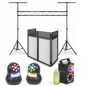 Ibiza Light Pack Lumière Machine Fumée LED 700W - Portique Ibiza SLB001 - Régie Booth DS30 - 2 Lyres Wash 30W - Soirée Fête Dj Mariage Pro