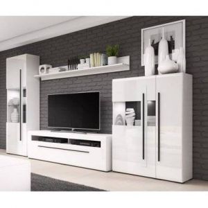 Ensemble complet pour salon collection BREDA. Coloris blanc mat et blanc brillant