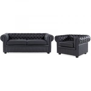 Image de Beliani Ensemble canapé et fauteuil en cuir noir CHESTERFIELD