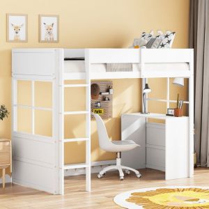 Lit mezzanine 1 place, lit enfant 90x200 cm avec escalier de sécurité, lit mezzanine avec burau et clôture, en bois, blanc