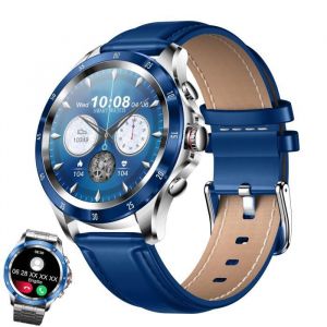 Montre Connectée Femme Homme Ronde Hybride Lunette Appel Double Bleutooh à Micro istant Vocal T rmomètre Integrée Bleu Argent