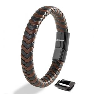 Bracelet SERASAR en cuir véritable pour homme [Steady] Marron 20 cm fermoir magnétique en acier inoxydable boîte à bijoux