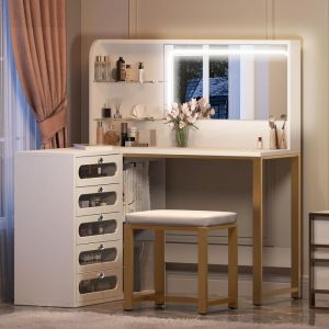 Fortuna Lai - Coiffeuse avec miroir led et tabouret - table de maquiallage en l avec grand espace de rangement - 120x80x135cm - Blanc et Doré