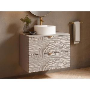 Meuble de salle de bain suspendu texturé avec vasque à poser ronde - Beige - 80 cm - RINAREL