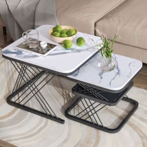 Image de Lot de 2 tables basses gigognes, table carr&eacute;, plateau en marbre, pied en fer, pour salon, chambre, 60x60x45+45x45x38cm noir