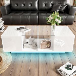 KoDise Table basse blanche Table basse brillante - avec éclairage LED - 2 portes - 120x50x38,5 cm - pour salons et bureaux