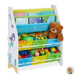 Image de Relaxdays Etagère enfants, motif mer, 6 boîtes, 2 compartiments, rangement jouets, bibliothèque HlP 74x62x31,5 cm,coloré