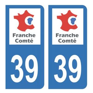 Autocollant Stickers plaque immatriculation - MARQUE - Département 39 - Bleu - 10x45 cm - Jeu de 2