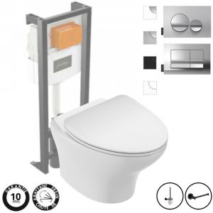 Jacob Delafon Cuvette suspendue sans bride + Abattant + B ti-support autoportant + Plaque de commande touches rectangulaires Blanc + Porte-rouleau +