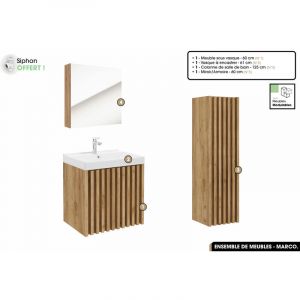 Ensemble complet de salle de bain - Meuble - Colonne - Miroir - Vasque &agrave; encastrer avec Siphon OFFERT MARCO Oak 60 x 56 x 45 cm