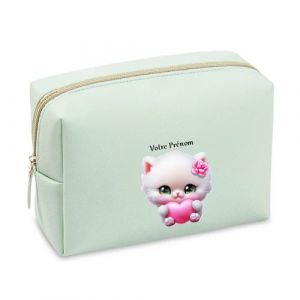 Grande trousse et pochette de maquillage Vert pastel Taperso avec motif Chat coeur personnalisee