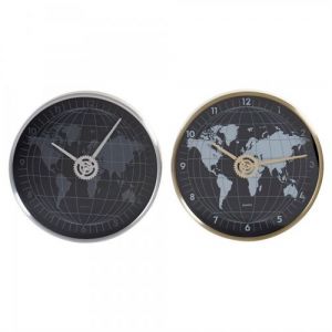 Horloge Murale DKD Home Decor Aluminium Verre Doré Argenté Mappemonde 2 pcs 30 4.3 3