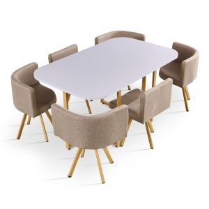 Table rectangulaire avec 6 chaises gain de place Oslo Blanc et Tissu Taupe