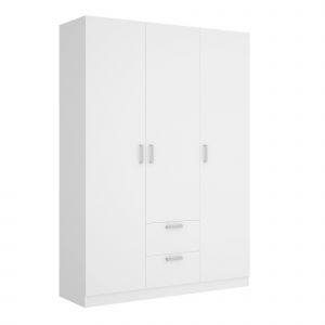 Armoire Argentella, Portemanteau pour chambre, Armoire avec 3 portes battantes et 2 tiroirs, 150x52h215 cm, Blanc