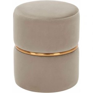 Image de Décoshop26 Tabouret rembourré rond pouf collier métallique doré en tissu velours beige TABO09063