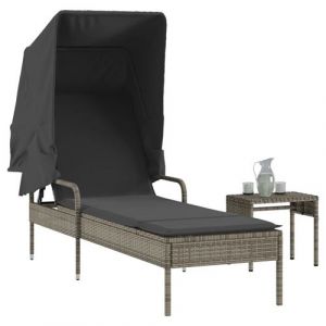 VidaXL Chaise longue avec auvent et table gris résine tressée, lit de bronzage, chaise longue inclinable, lit de jour d'extérieur