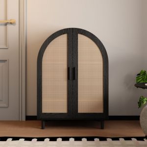 Meuble à chaussures 70x40x100 cm - 2 portes en rotin - 3 étagères - Naturel + Noir