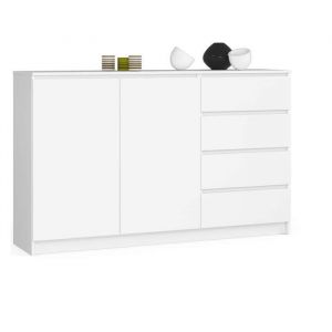 Image de Commode Akord K013 Blanche 160 cm 2 portes 4 tiroirs façade Blanche 2 étagères 160x40x99 cm