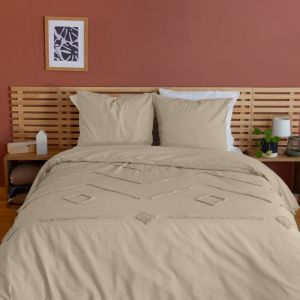 Sweeek - Parure de lit coton lavé tufté 2 places rose poudré motifs géométriques, 1 housse + 2 taies 63x63cm 240 x 220 cm