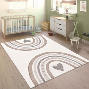 Paco Home Tapis Enfant Tapis Chambre Enfant Fille Garcon Arc-en-ciel Pois Coeur 3D 140x200 cm, Beige