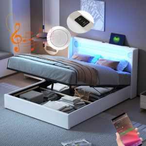 Lit coffre rembourr&eacute; en similicuir 160x200cm avec led, lecteur Bluetooth et Ports de charge usb - avec sommier &agrave; lattes - Blanc
