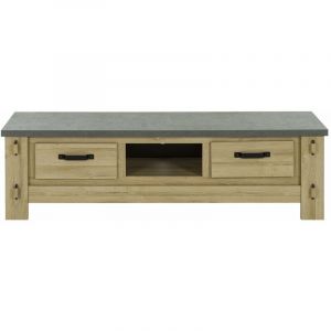 GAMI Meuble TV Louane avec 2 tiroirs. Réalisé en aggloméré avec une finition en décor chêne et décor béton.