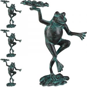Relaxdays Statue de jardin, lot de 4, grenouille dansante, fonte fer, sculpture, figurine de jardin, taille m, décoration, vert