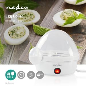 Nedis Cuiseur à œufs électrique dures mollets coques pour 7 œufs Tasse à mesurer Signal d'avertissement Blanc
