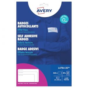 AVERY - Pochette de 200 badges autocollants imprimables pour textile, En soie d'ac&eacute;tate blanche, Format 80 x 50 mm, Impression laser, (L4785-20)