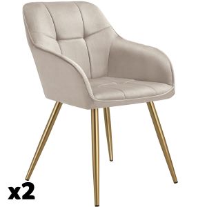 TecTake Lot 2 chaises de salle à manger avec aspect velours capitonné taupe/or