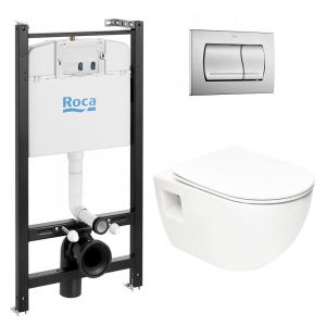 Roca Pack Bâti-support Active + WC sans bride SAT + Abattant softclose + Plaque chrome mat ActiveProject-2)