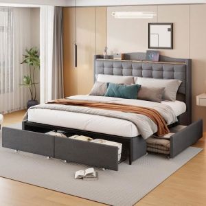 Lit double 160x200cm avec 4 tiroirs, sommier à lattes et tête de lit avec port usb et étagère, tissu en lin, gris foncé