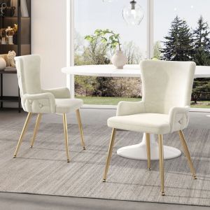 Modfu - Chaise de salle &agrave; manger, fauteuil, velours, pieds dor&eacute;s, style luxe l&eacute;ger, 2 pi&egrave;ces, beige