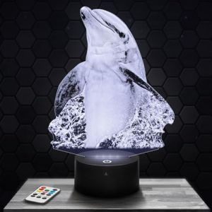 Lampe 3D - Dauphin - Jouet Figurine Cadeau Dauphin - Veilleuse Led Tactile avec socle au choix et t&eacute;l&eacute;commande