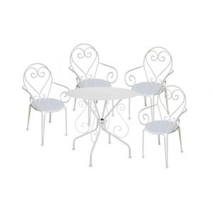 Image de Salle &agrave; manger de jardin en m&eacute;tal fa&ccedil;on fer forg&eacute; : une table et 4 fauteuils empilables blancs GUERMANTES