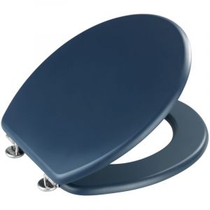 Wenko Siège WC Prima bleu foncé à finition mate, style rétro, abattant WC et butoir mural & fixation en acier inoxydable, compatible avec réservoir, lunette pour toilettes en MDF, 37 x 41 cm