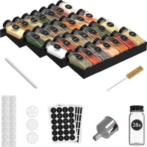 Noswo Spice Rack Drawer - With 28 Jars - Complete Set - Square - Sprinkle Lid and Labels - Spice Organiser - Kitchen Drawer Organiser - Black