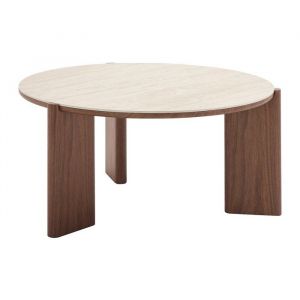 Table basse en c&eacute;ramique et placage noyer - Effet travertin et naturel - MUNYRA