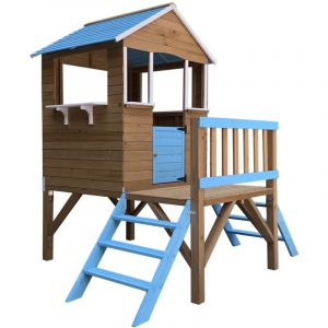 Maisonnette en Bois pour Enfants Robincool Blue Melody 198x170x197 cm 3,23 m&sup2; avec 2 Hauteurs, Porche, Garde-Corps et Escaliers