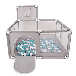 Selonis Parc Bébé Avec 200 Balles Plastiques Aire De Jeu Pliable Basket, Gris:Gris/Blanc/Turquoise