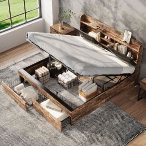 Lit Coffre Adulte 140 X 200cm Lit Double Sommier à Lattes En MéTal Convient Aux Adultes, Enfants Et Adolescents,Couleur Du Bois Noir