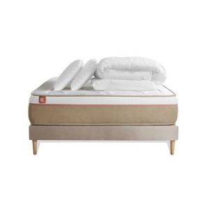 Pack matelas sommier kit Beige Le Soyeux Ressorts ensac s et m&eacute;moire de forme avec 2 oreillers et couette