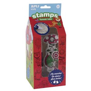 APLI 16814 - Set de 6 timbres + tampon encreur noir effaçable + feutre effaceur, thème Forêt magique