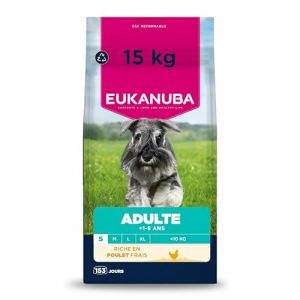 Eukanuba Life Care Croquettes Chien Adulte Petite Race 1-8 Ans, Riche en Poulet Frais, Maintient du Poids Optimal L-Carnitine, Oméga 3&6, FOS, sans colorants, arômes artificiels ni OGM – 15 kg